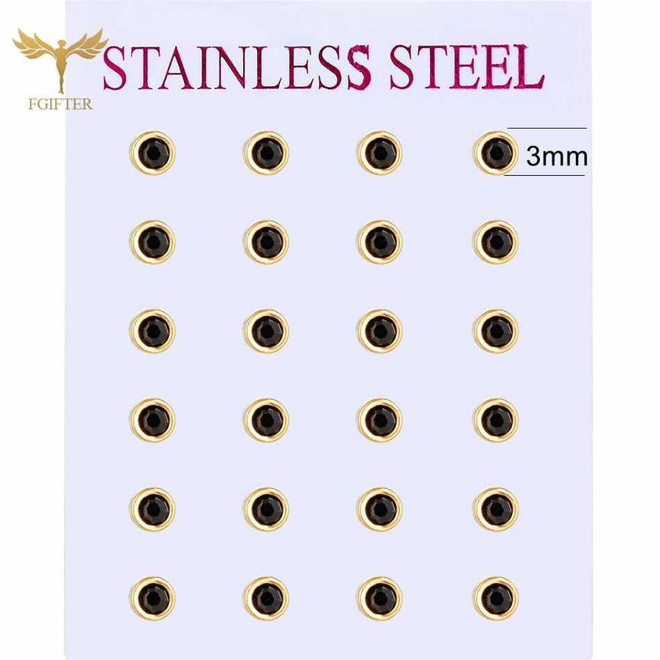 12-pair white crystal stud earrings set, 2–7mm round and square zircon designs with golden stainless steel posts