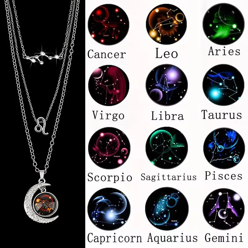 Set of three zodiac moon glow pendant necklaces with birthstone cards, featuring retro jewelry design for birthdays and gifts.
