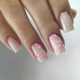 24-piece short almond press-on false nails with pink floral French tips, glossy full-cover design by HSF Marketplace