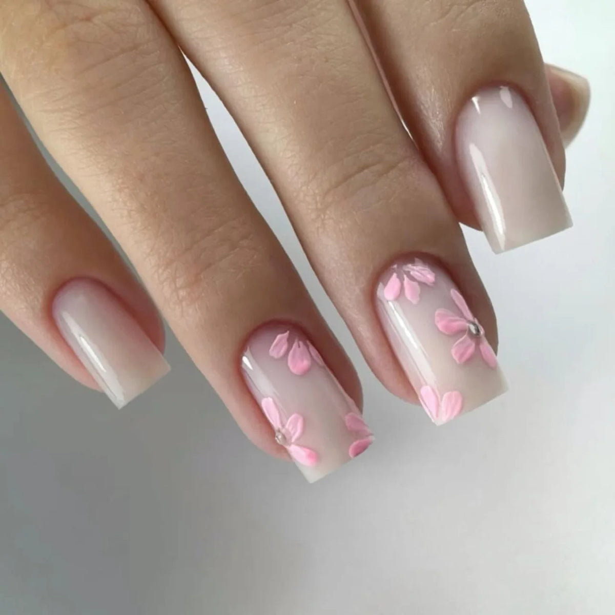 24-piece short almond press-on false nails with pink floral French tips, glossy full-cover design by HSF Marketplace