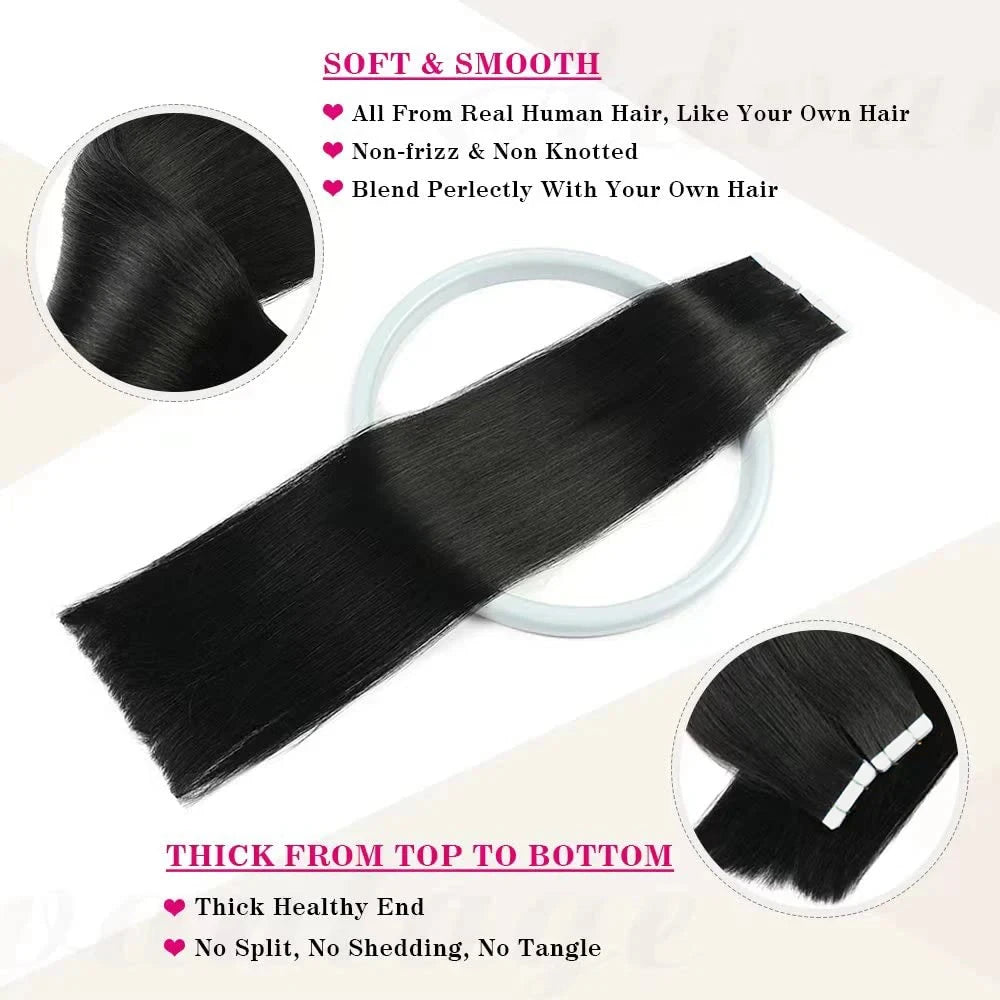 Straight seamless tape-in Remy human hair extensions, 20-piece natural black set by HSF Marketplace