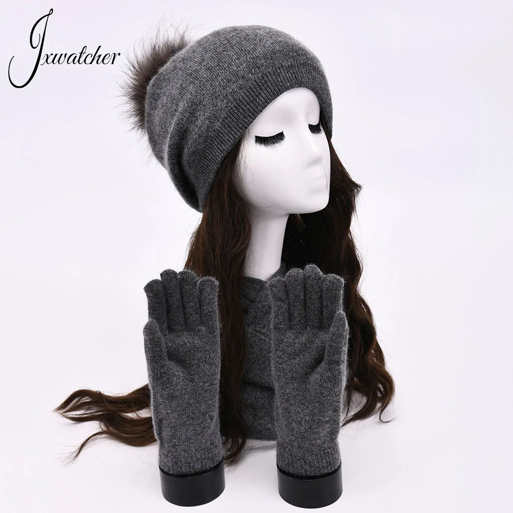 Warm cashmere wool winter hat, gloves, and scarf set for women by HSF Marketplace