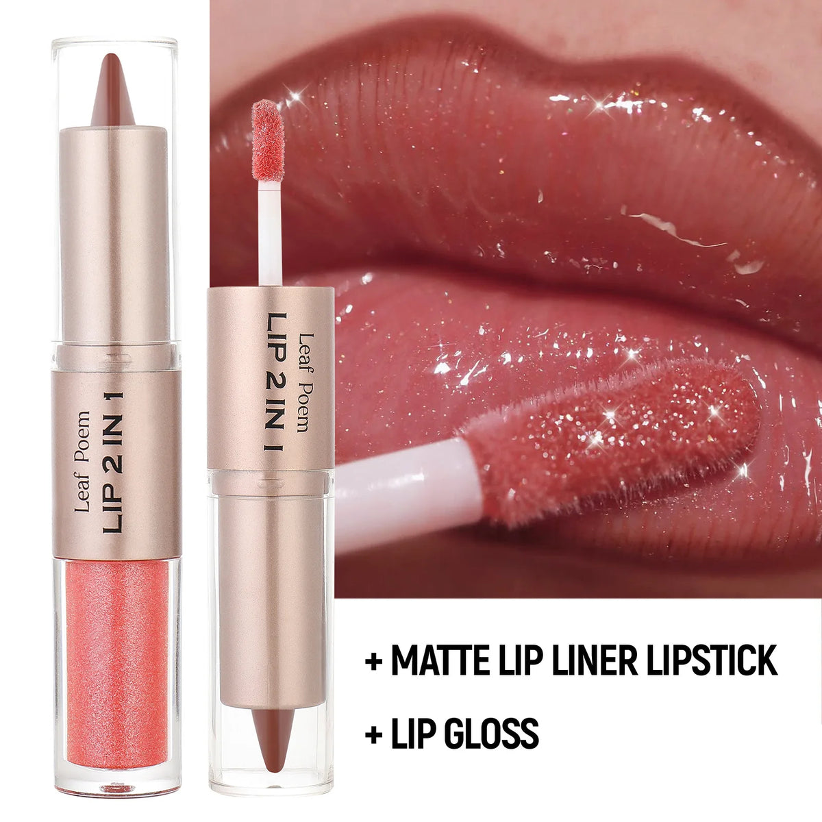 Black and brown tapered lip liner and contour pencil with double head mirror, plumping lip glaze, crystal gloss, and sexy red lip tint makeup.
