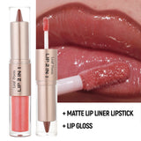 Black and brown tapered lip liner and contour pencil with double head mirror, plumping lip glaze, crystal gloss, and sexy red lip tint makeup.
