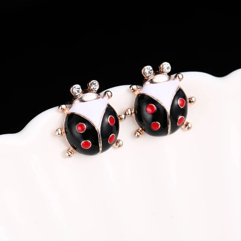 Cute ladybug stud earrings with red rhinestones, HSF Marketplace jewelry for women