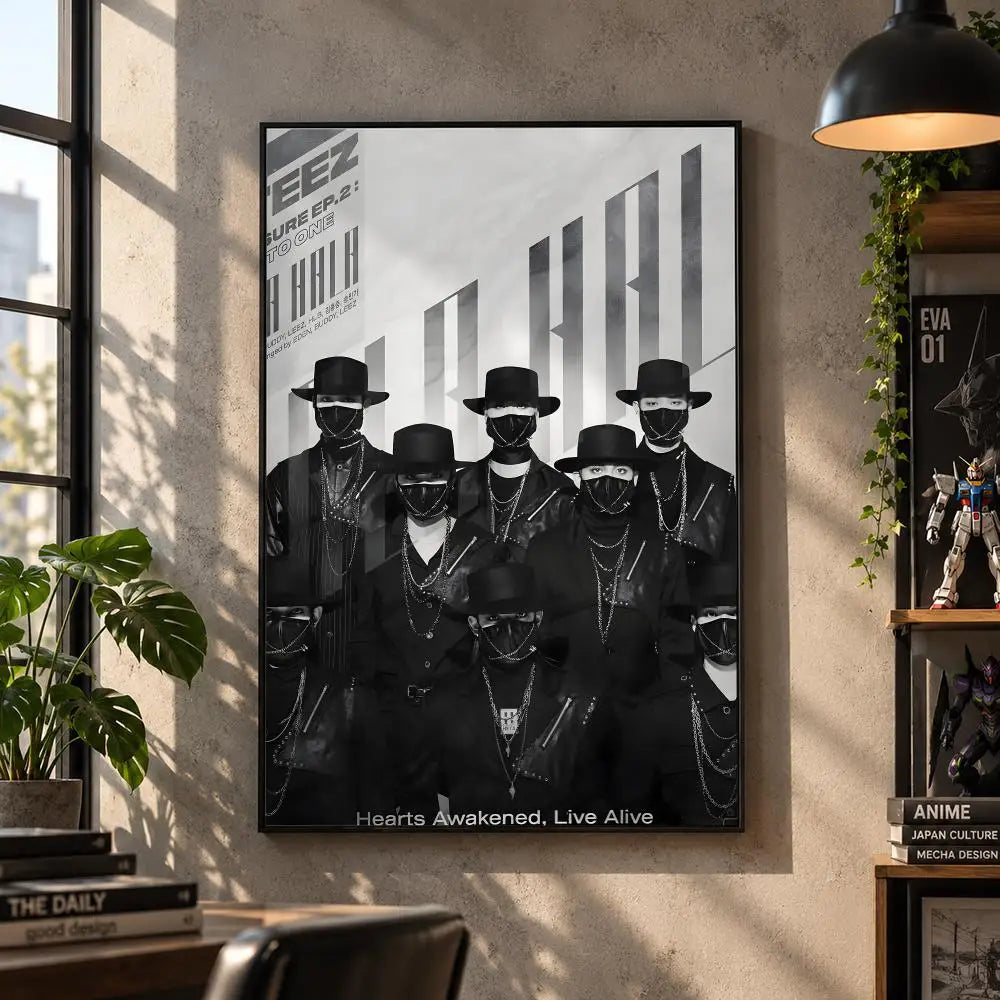 ATEEZ K-pop boy group poster for bedroom and living room decor, featuring group members in a stylish design