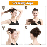 Natural black wavy human hair bun ponytail extension with tousled chignon updo style for women