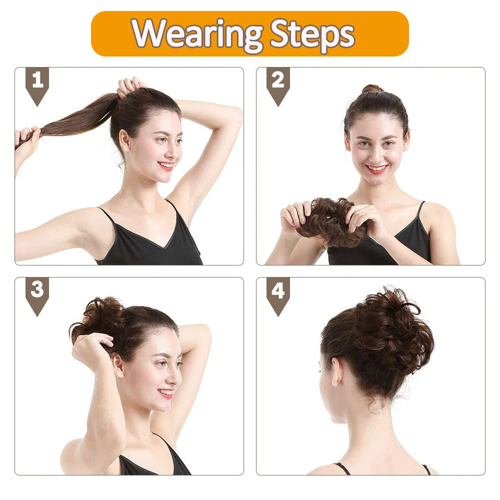 Natural black wavy human hair bun ponytail extension with tousled chignon updo style for women