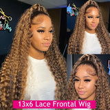 36 Inch P4/27 Honey Blonde Highlight Deep Wave Lace Frontal Wig 200 Density 13x4 13x6 HD Transparent Lace Brazilian Colored Human Hair Pre Plucked Natural Hairline For Women