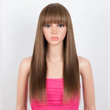 Straight human hair wig with bangs and fringe, Brazilian style, full machine-made, by HSF Marketplace, showcasing sleek, natural hair.
