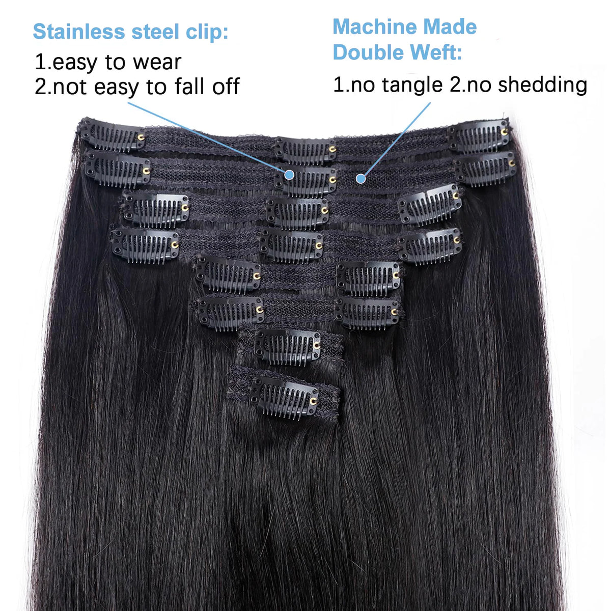 8-piece natural black Remy human hair clip-in extensions with 18 clips for women, HSF Marketplace