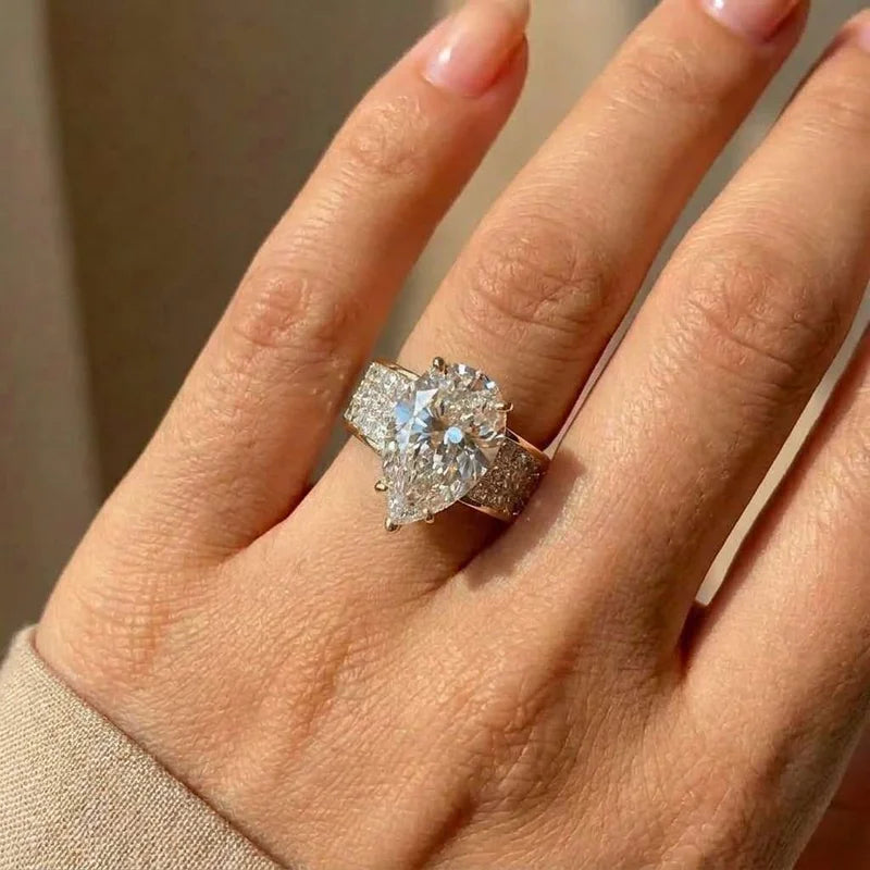 925 Sterling Silver Luxury Gold Color Water Drop CZ Wedding Rings for Women Brilliant White Cubic Zirconia Engagement Jewelry