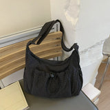 Women checkered nylon sling bag with drawstring, large capacity crossbody satchel for shopping and casual outings.