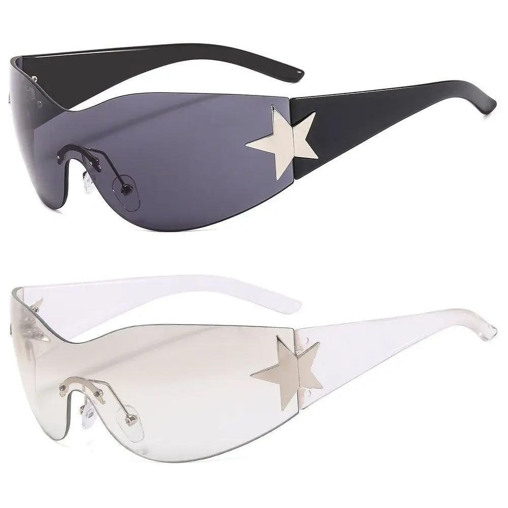 Y2K rimless punk sunglasses by HSF Marketplace, wrap-around sports shades for women and men with luxury brand design.