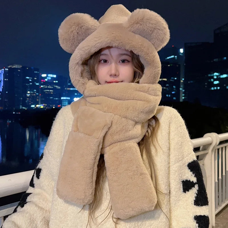 Warm plush fleece 3-in-1 bear ear hooded winter hat and scarf set by HSF Marketplace