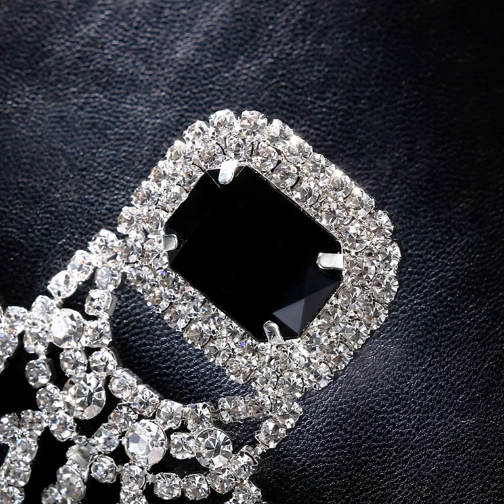 Bridal black crystal tassel earrings by HSF Marketplace, elegant dangling jewelry for women