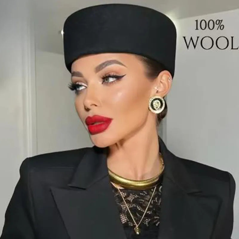 Women's wool felt beret hat by HSF Marketplace with vintage hard concave top and pillbox fascinator style