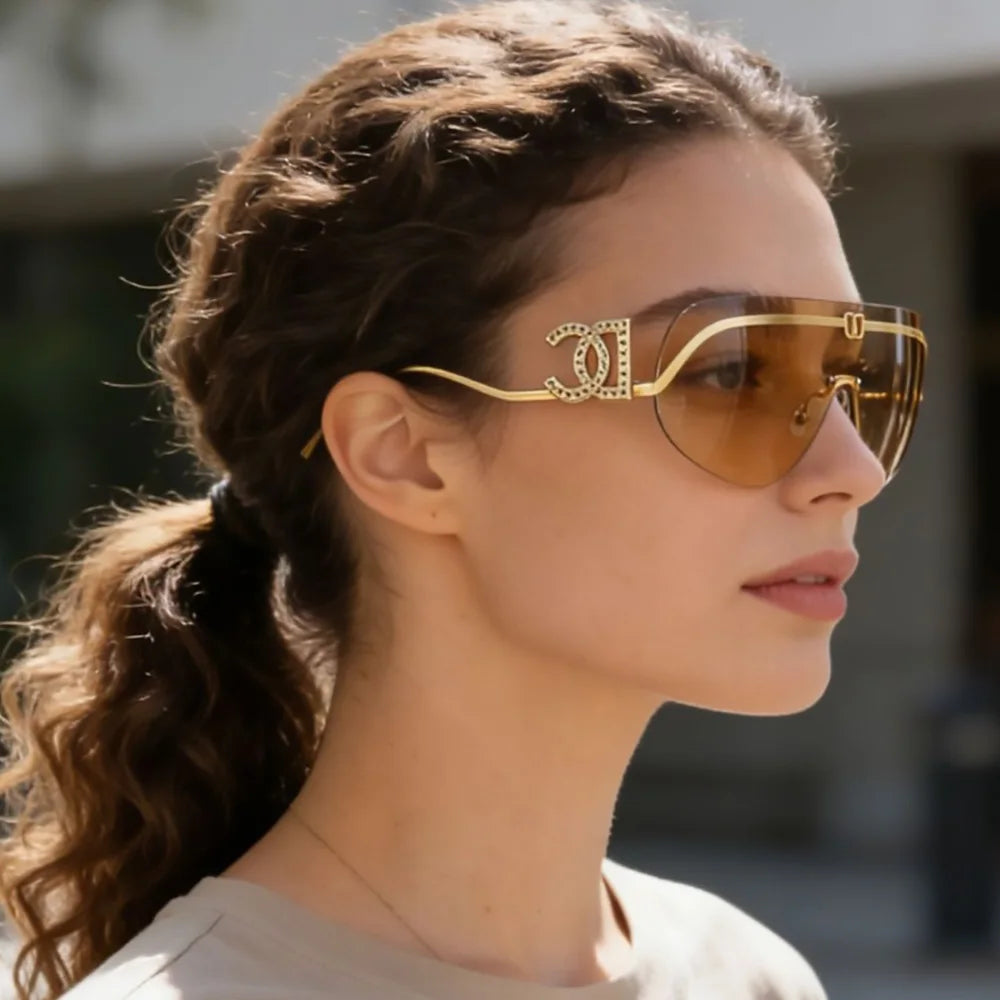 Luxury women’s oversized shield rimless sunglasses by HSF Marketplace with trendy design, UV400 protection, and gradient tinted lenses.