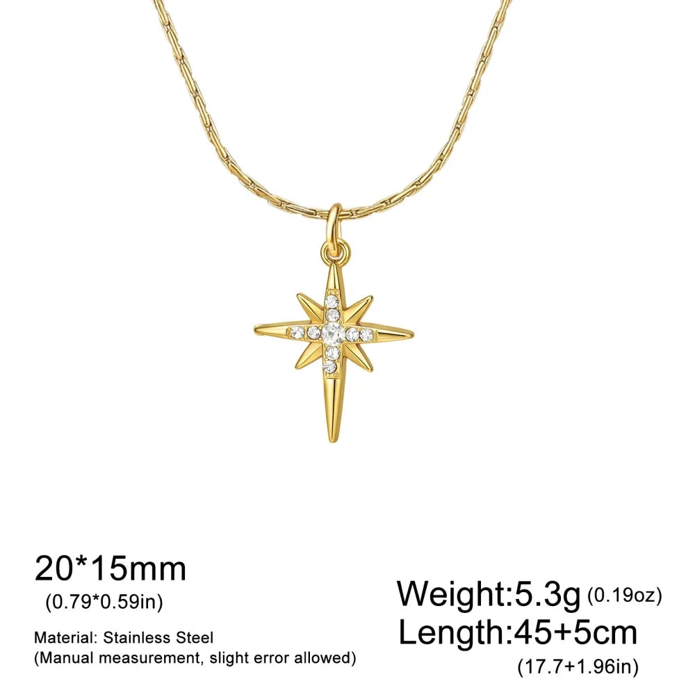 Gold stainless steel North Star pendant necklace for women with zircon accents, waterproof jewelry featuring an eight-pointed star design.