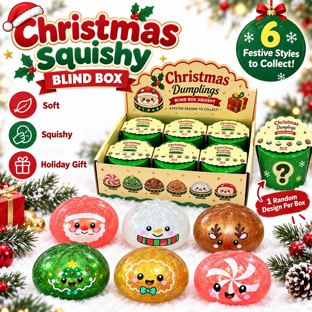 1-5PCS Christmas Dumpling Squishy Blind Box TPR Slow Rising Squeeze Fidget Sensory Stress Relief Holiday Surprise Gift Set