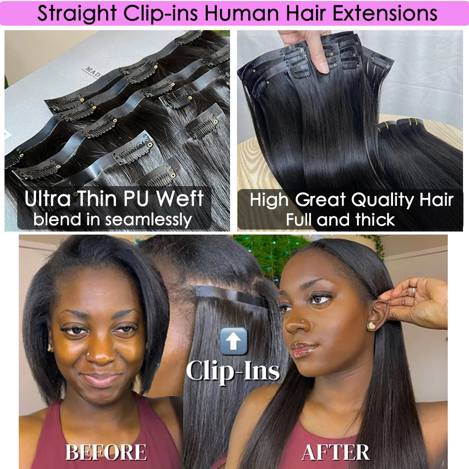#1B natural color human hair clip-in extensions, 7-piece seamless PU weft set, straight long unprocessed hair