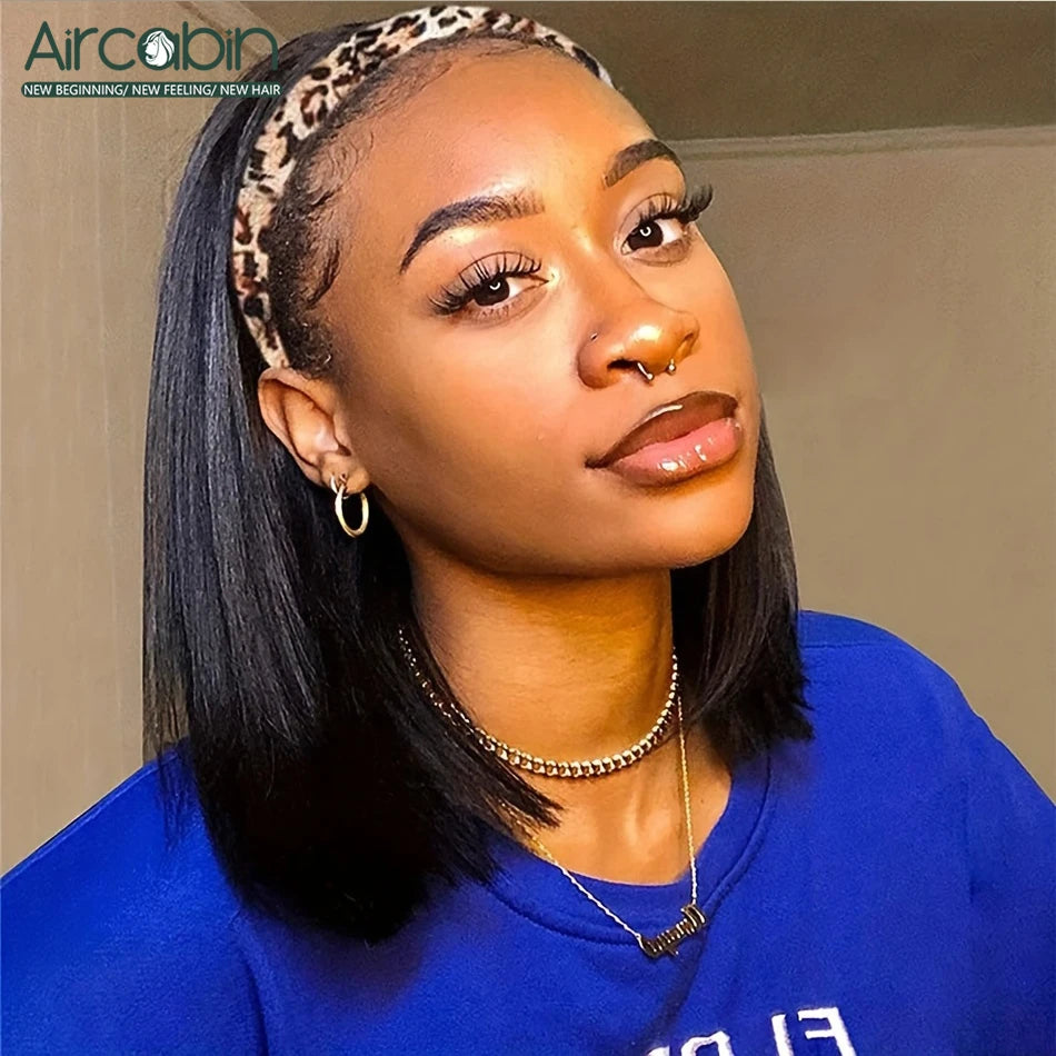 HSF Marketplace human hair headband bob wig, short straight Brazilian hair with full machine-made cap