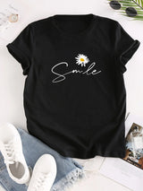 Women's casual short sleeve T-shirt with flower and letter print by HSF Marketplace