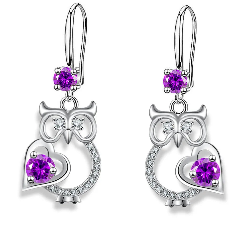 Silver owl drop earrings for women with colorful zircon accents by HSF Marketplace