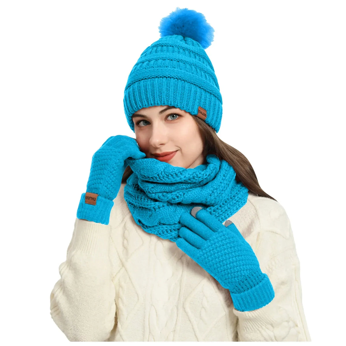 Women's winter hat, scarf and gloves set with faux fur ball by HSF Marketplace