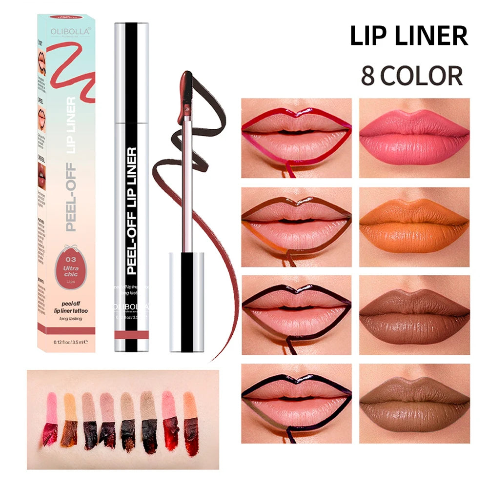 Long-lasting waterproof matte lip gloss with lip stain, featuring a peel-off lip liner and nourishing lipstick for enhanced lip color.