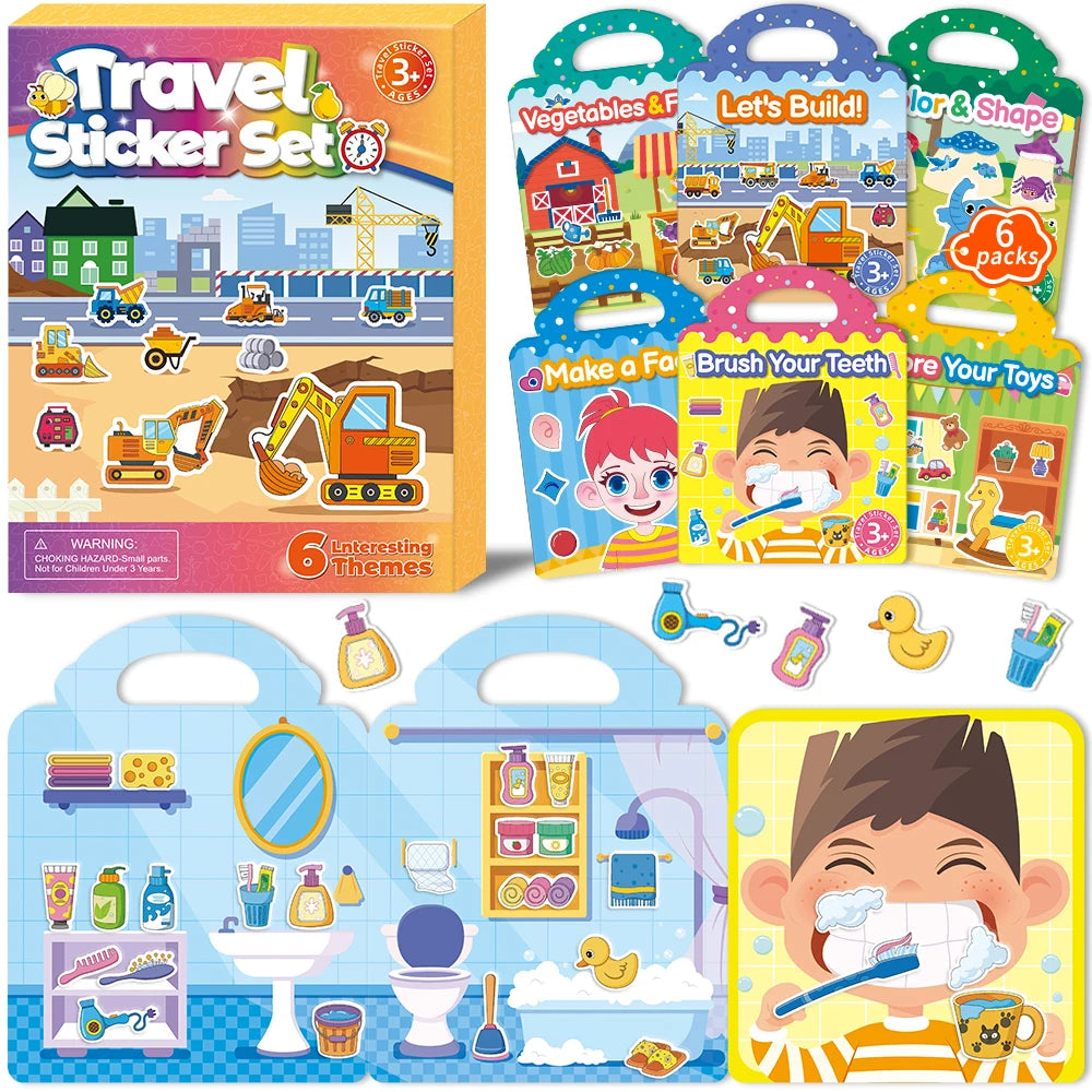HSF Marketplace reusable jelly sticker books for kids, 6-piece multi-scene sticker therapy set