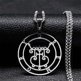 Stainless steel Satan necklace featuring Sigil de Lucifer, Baphomet stamp, and chain design, jewelry by HSF Marketplace