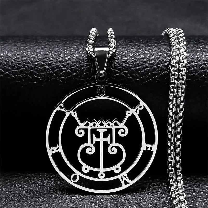 Stainless steel Satan necklace featuring Sigil de Lucifer, Baphomet stamp, and chain design, jewelry by HSF Marketplace