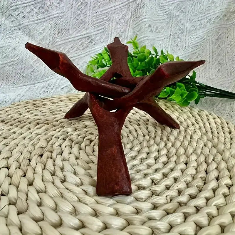 Vintage wooden tripod stand holding an abalone shell and crystals, HSF Marketplace crystal stones