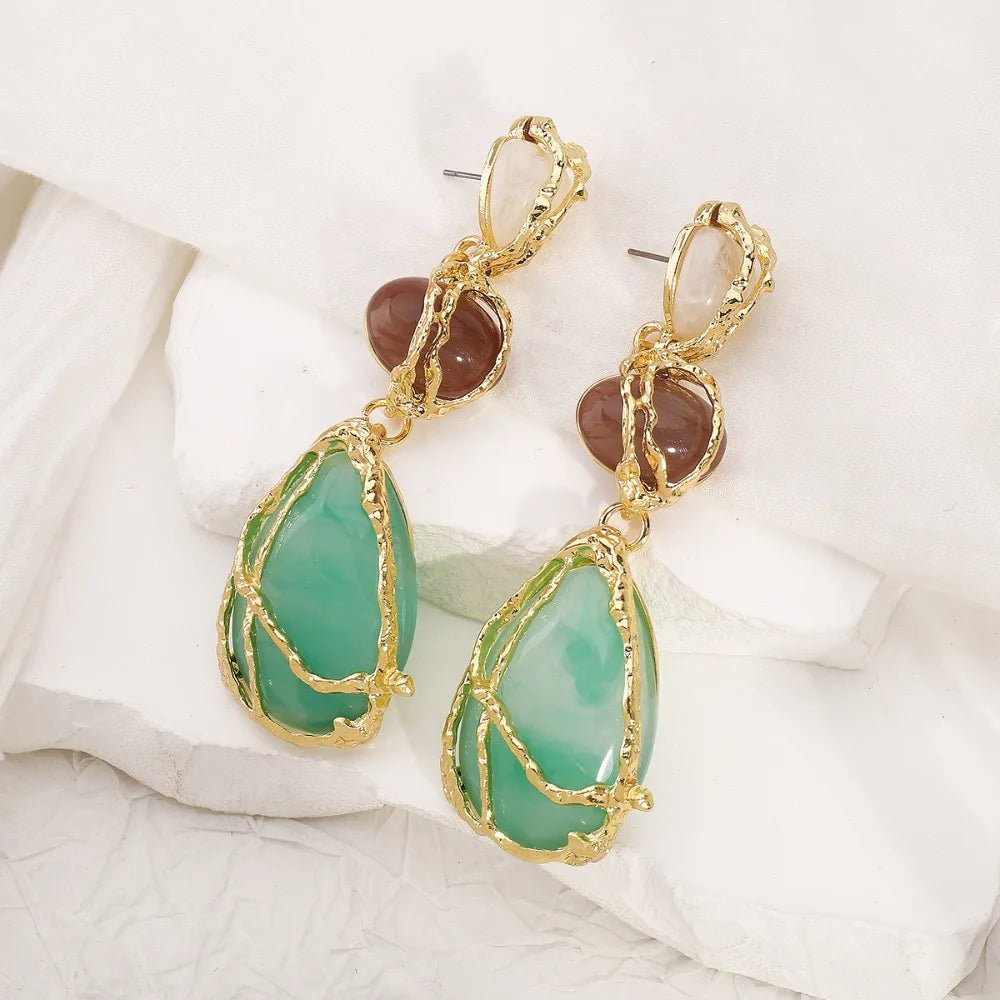 Fashion Natural Resin Waterdrop Metal Mesh Earrings For Women Retro Crystal Geometric Dangle Earrings Party Jewelry Boho Gifts