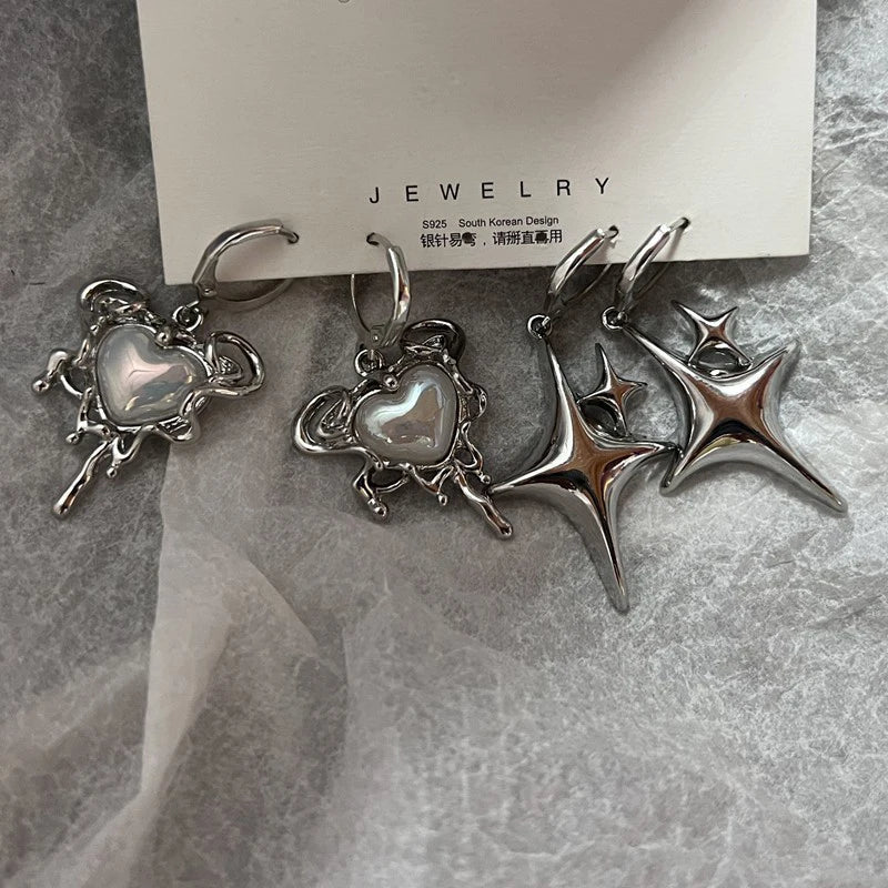 Silver star opal heart hoop earrings for women, cute punk Y2K jewelry for daily wear and parties