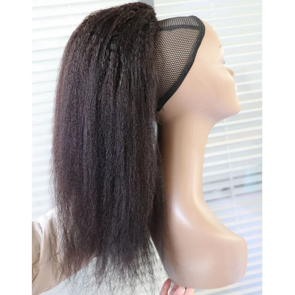 Kinky straight coarse yaki virgin Remy human hair drawstring ponytail with curls by HSF Marketplace
