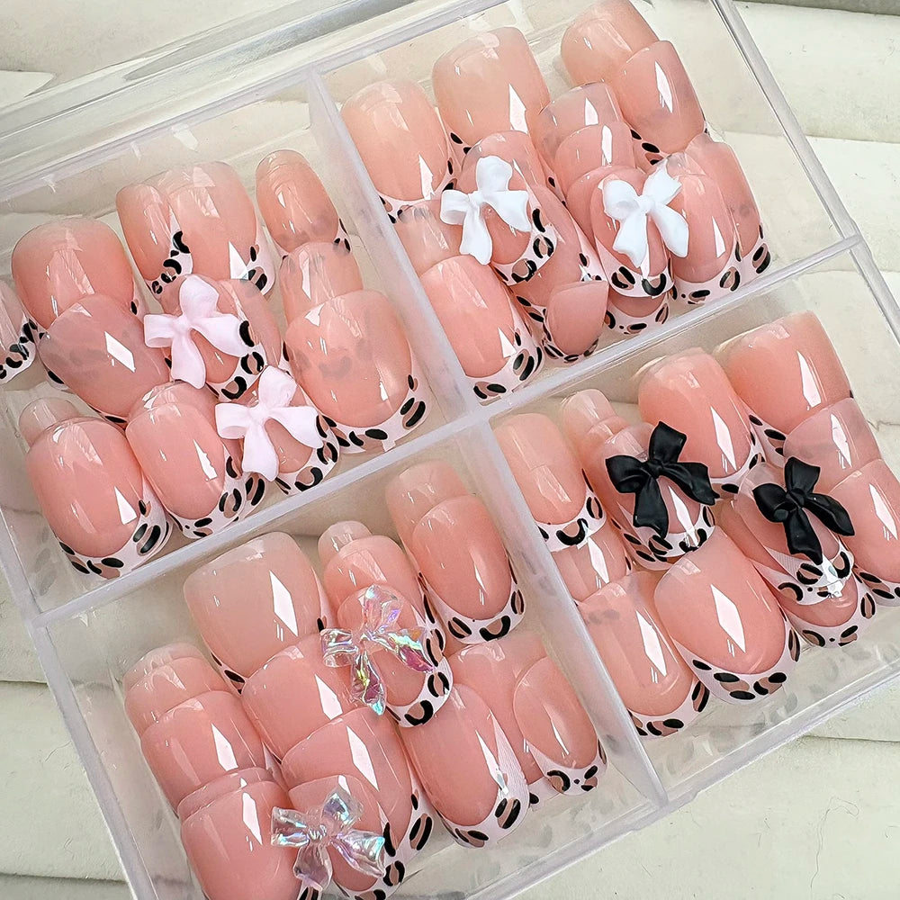 HSF Marketplace nude leopard French bowknot short round square press-on false nails, Y2K acrylic nail tips