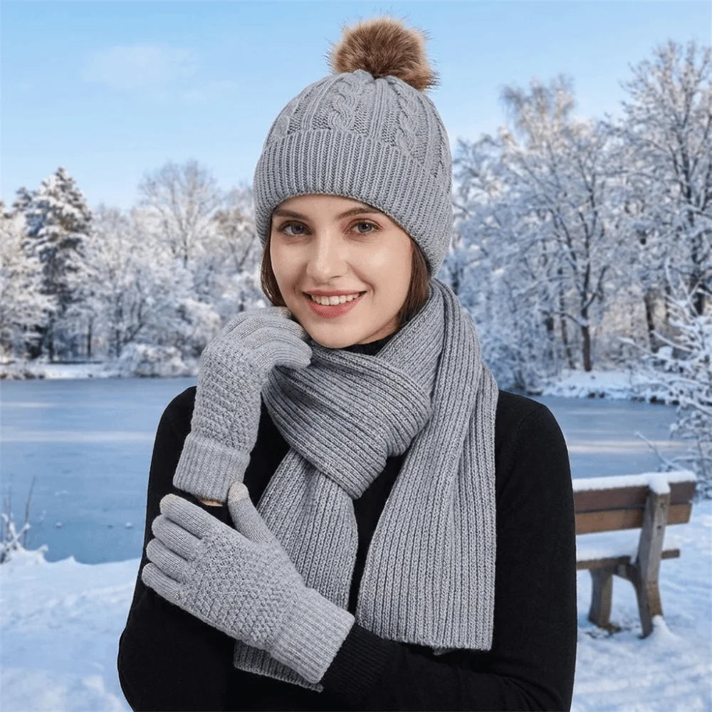 Women's warm touch screen scarf, hat and gloves set in winter knit style by HSF Marketplace