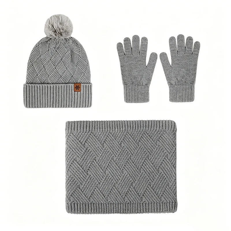 Women's warm woolen hat, scarf and gloves winter set in soft coordinated colors