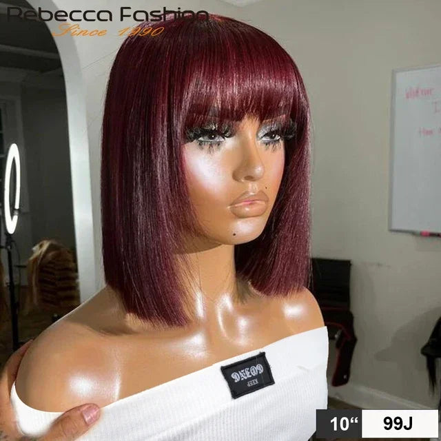 Orange blonde short straight bob wig with bangs, human hair, Brazilian, machine-made, styled by Rebecca from HSF Marketplace.