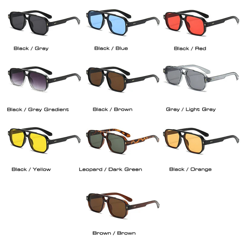 Vintage double bridges men’s square sunglasses with clear ocean lenses, UV400 protection, rivet details, stylish eyewear for women