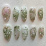24-piece pink almond press-on false nails with bowknots, love hearts, and pearl design by HSF Marketplace