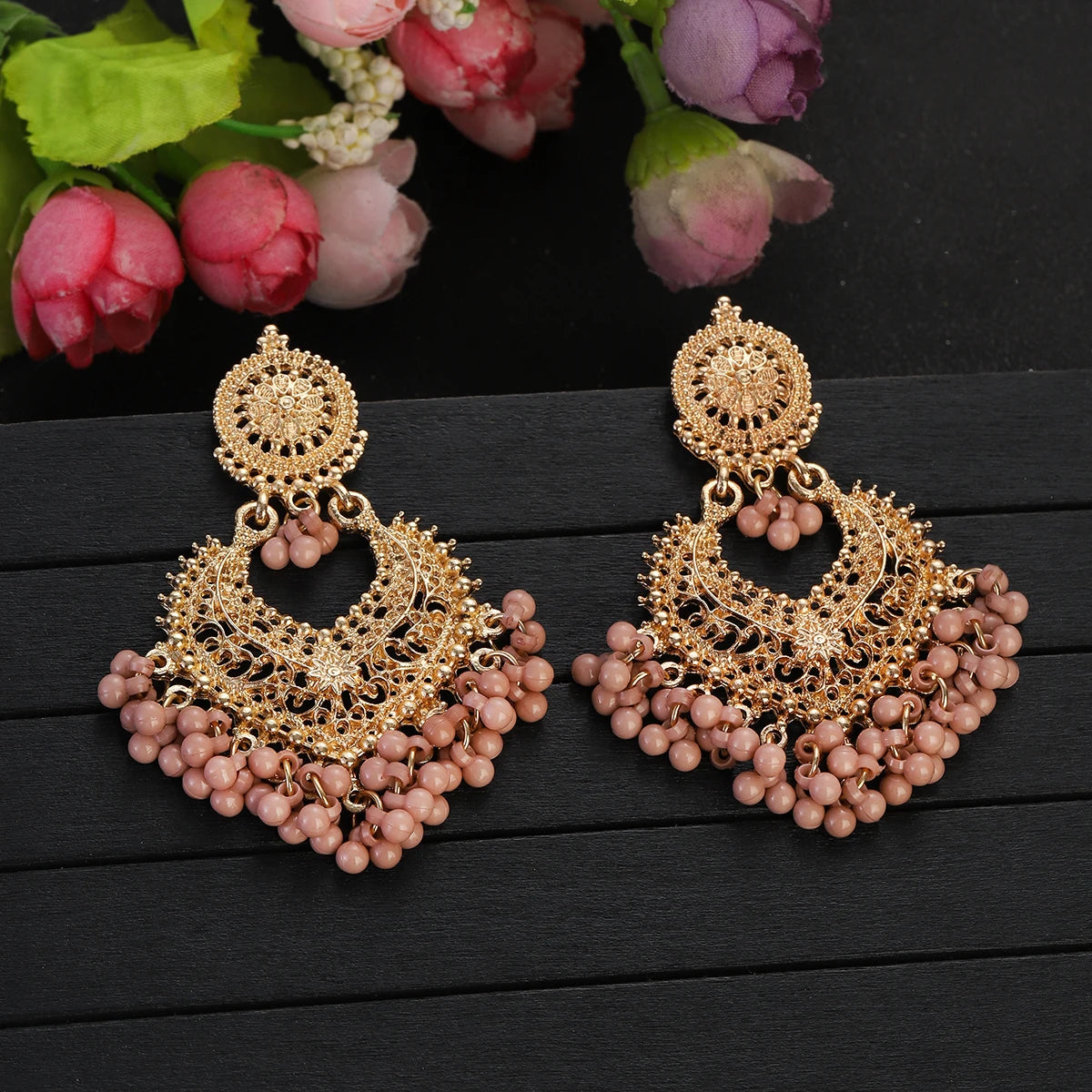 Boho gold heart-shaped flower dangle earrings for women by HSF Marketplace