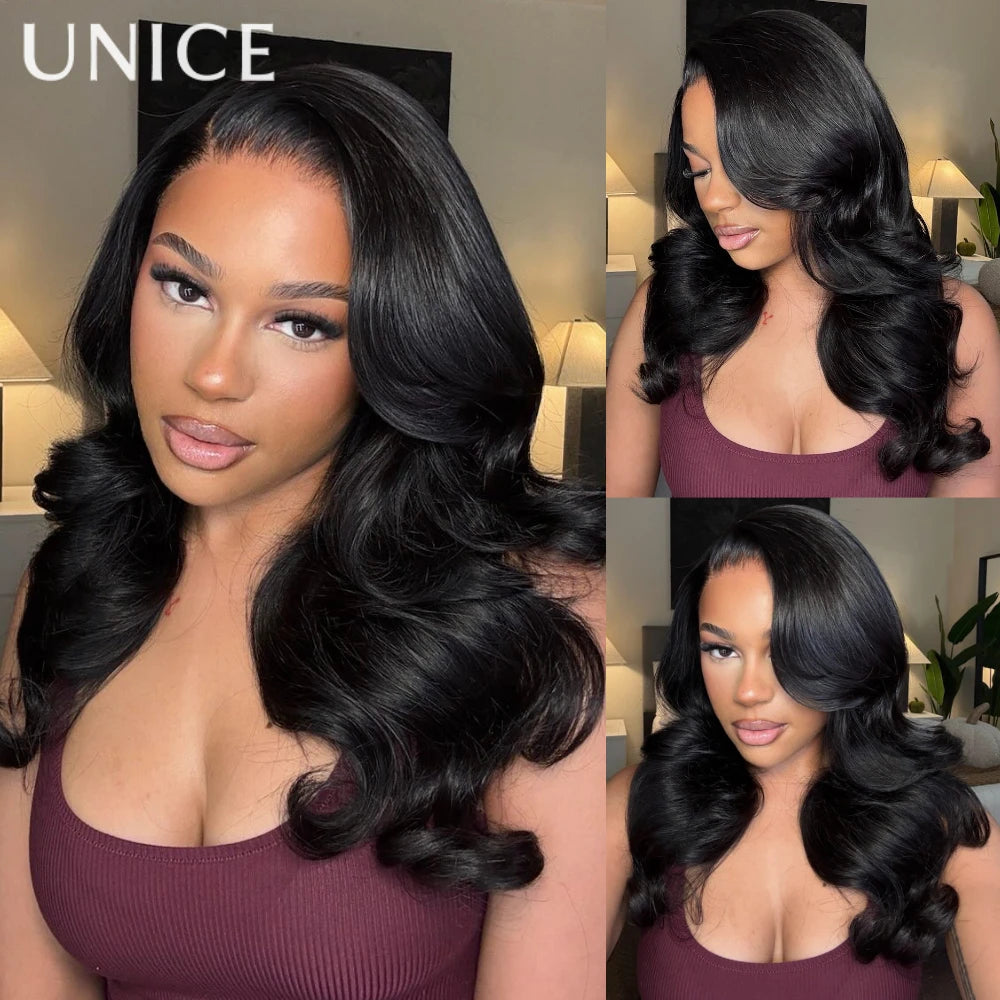 UNICE 200% Density Layered Cut Left Side Part Wavy Wig With Secure Silicone Strips & Drawstring Pre Cut 7x5 Lace Glueless Wig