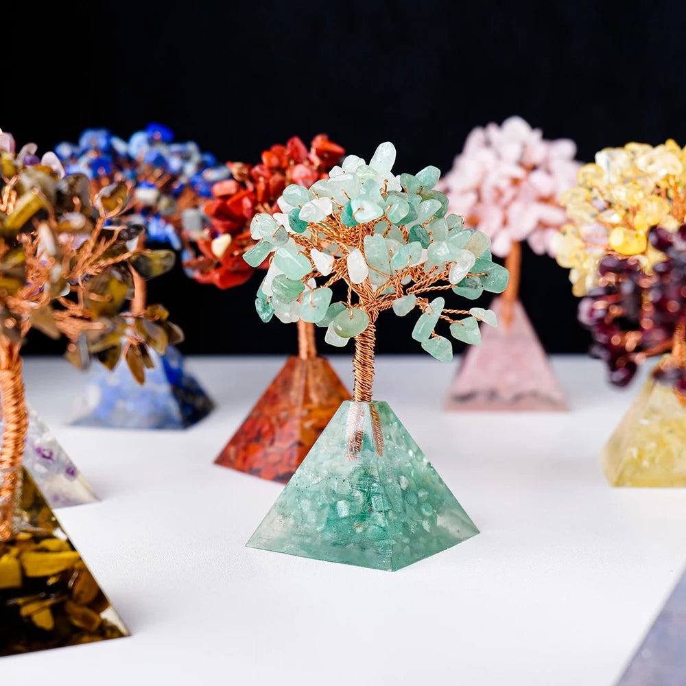 1pc Natural Crystal Tree Ornament Resin Pyramid Base Crystal Crushed Stone Fortune Tree Home Office Decoration Holiday Gift