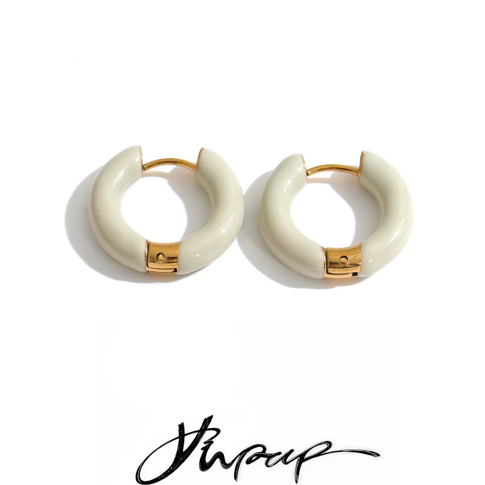 Minimalist stainless steel enamel hoop earrings in lavender and beige by HSF Marketplace