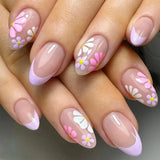 HSF Marketplace 24-piece short almond press-on nails with pink floral French tips, glossy full-cover design