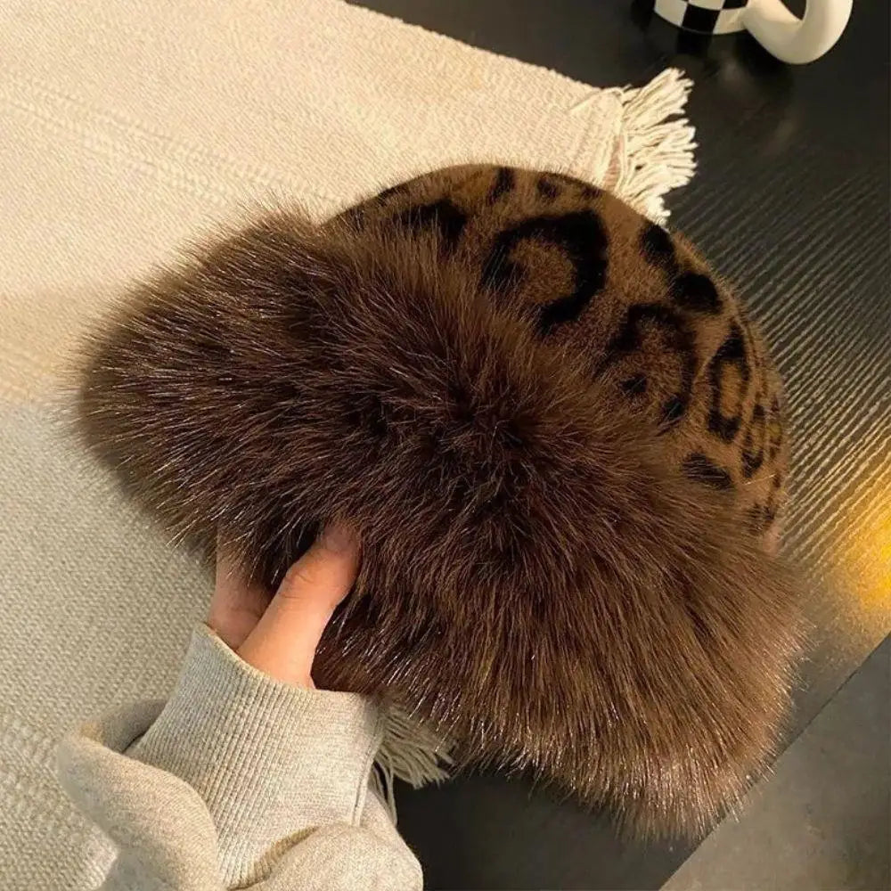 Women's leopard print faux fur fisherman hat, thick winter windproof Russian-style hat by HSF Marketplace