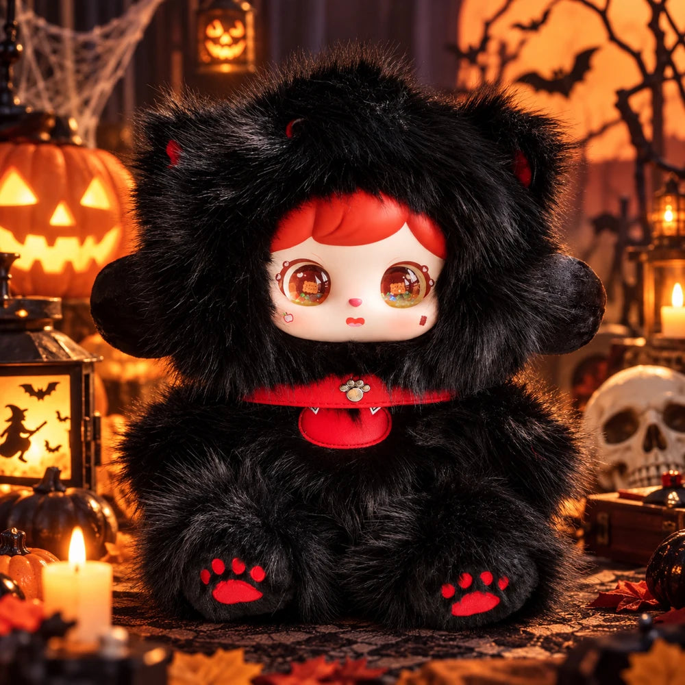 Large plush Halloween gothic bunny character blind box collectible, soft fluffy kawaii mystery figure decor